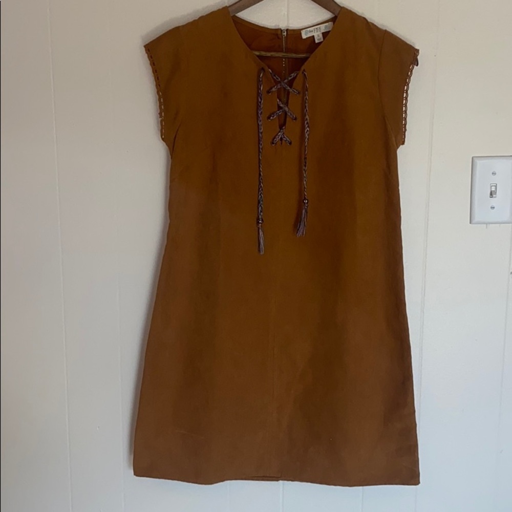 Brown Faux Suede Lace-Up Shift Dress With Cap Sleeves & Rear Zip Closure Size M